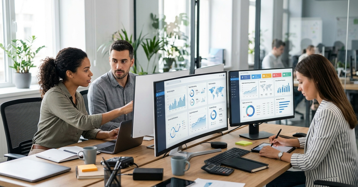 Agência de marketing digital full service com equipe trabalhando em estratégia integrada