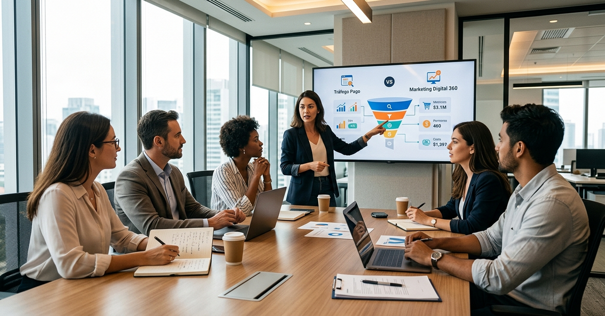 Reunião de equipe discutindo estratégia entre agência especializada e full service de marketing digital