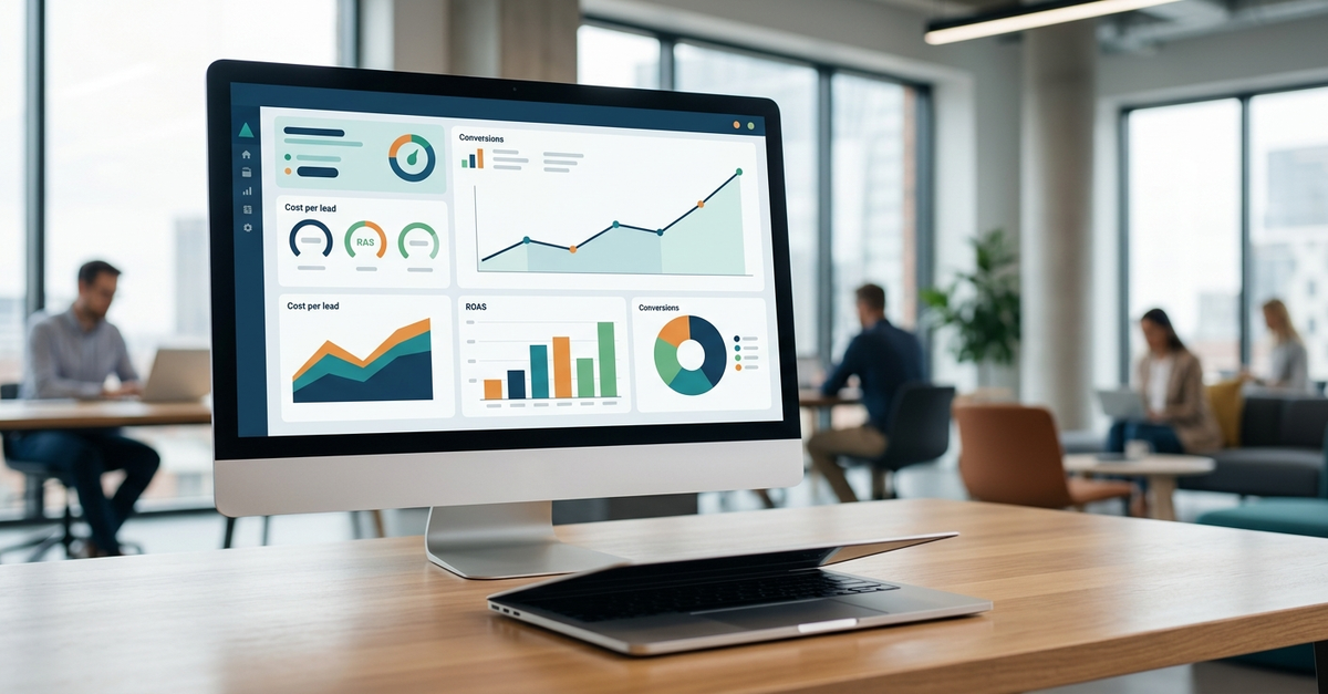 Dashboard de anúncios pagos B2B mostrando custo por lead e retorno sobre investimento em serviços profissionais
