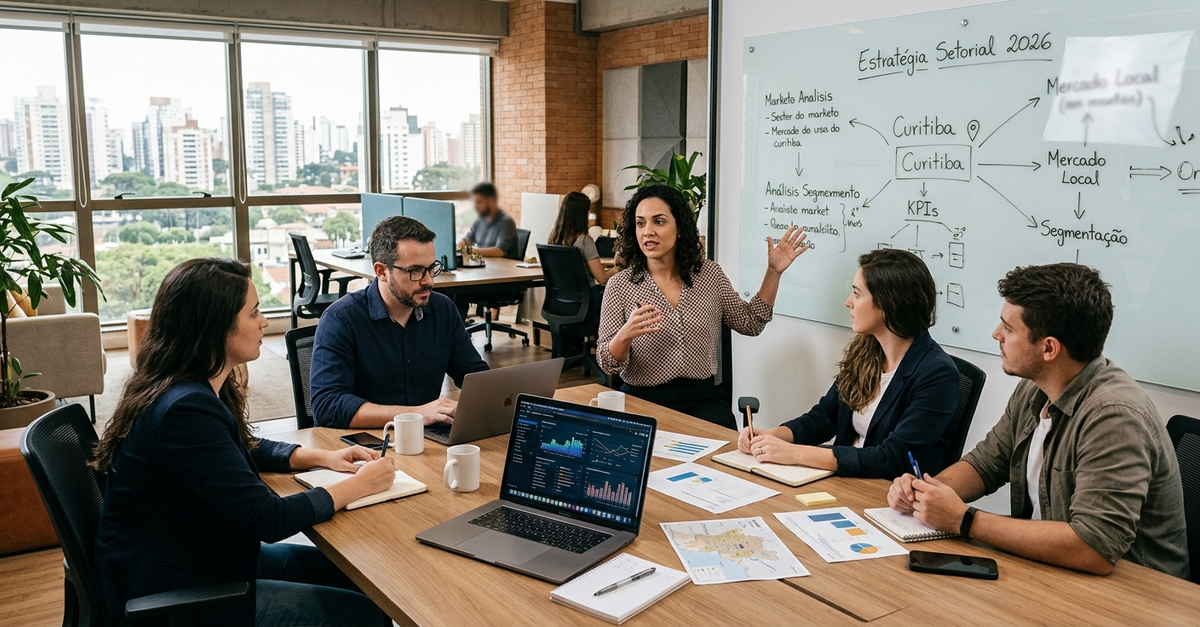 Equipe de agência de marketing digital analisando estratégia setorial em Curitiba