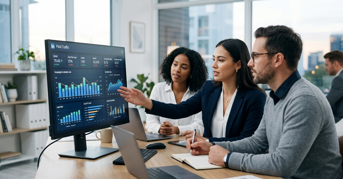 Equipe de tráfego pago B2B analisando campanhas para empresas de serviços profissionais