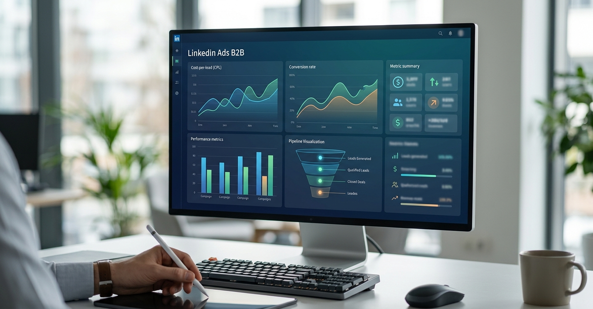 Dashboard de métricas de campanhas LinkedIn Ads B2B com dados de CPL e pipeline de vendas