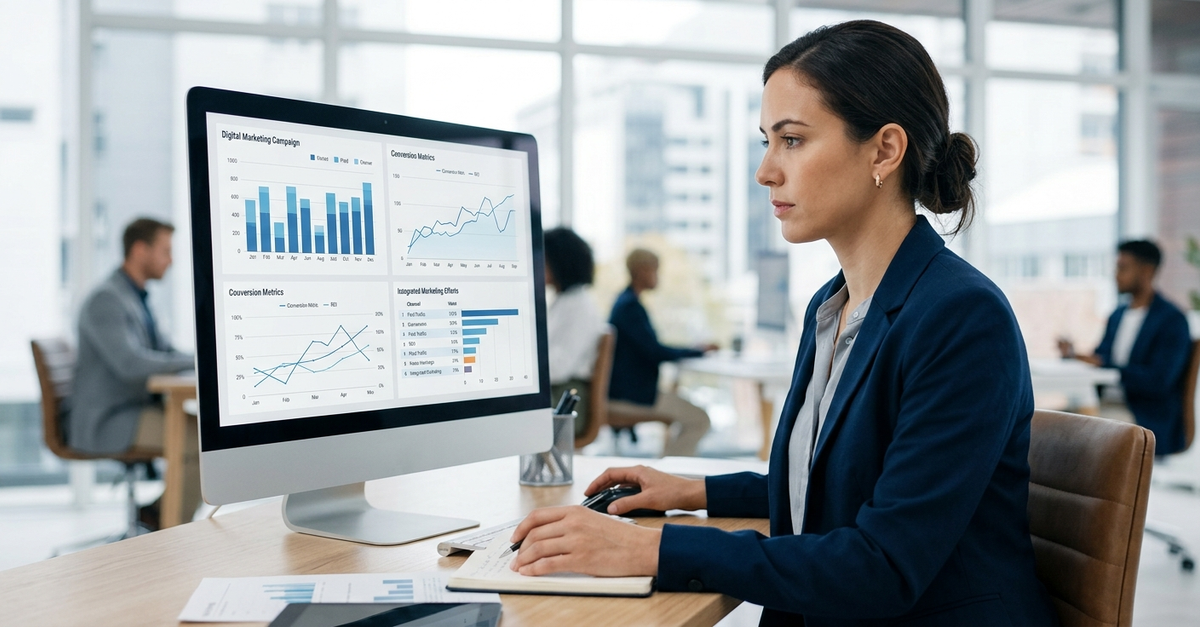 Especialista em marketing digital analisando resultados de campanhas de tráfego pago e marketing integrado