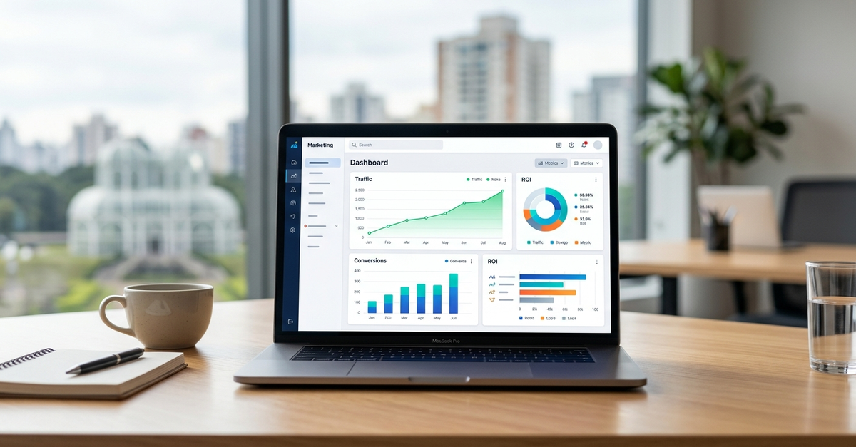 Dashboard de métricas e resultados de marketing digital sendo analisado por especialista