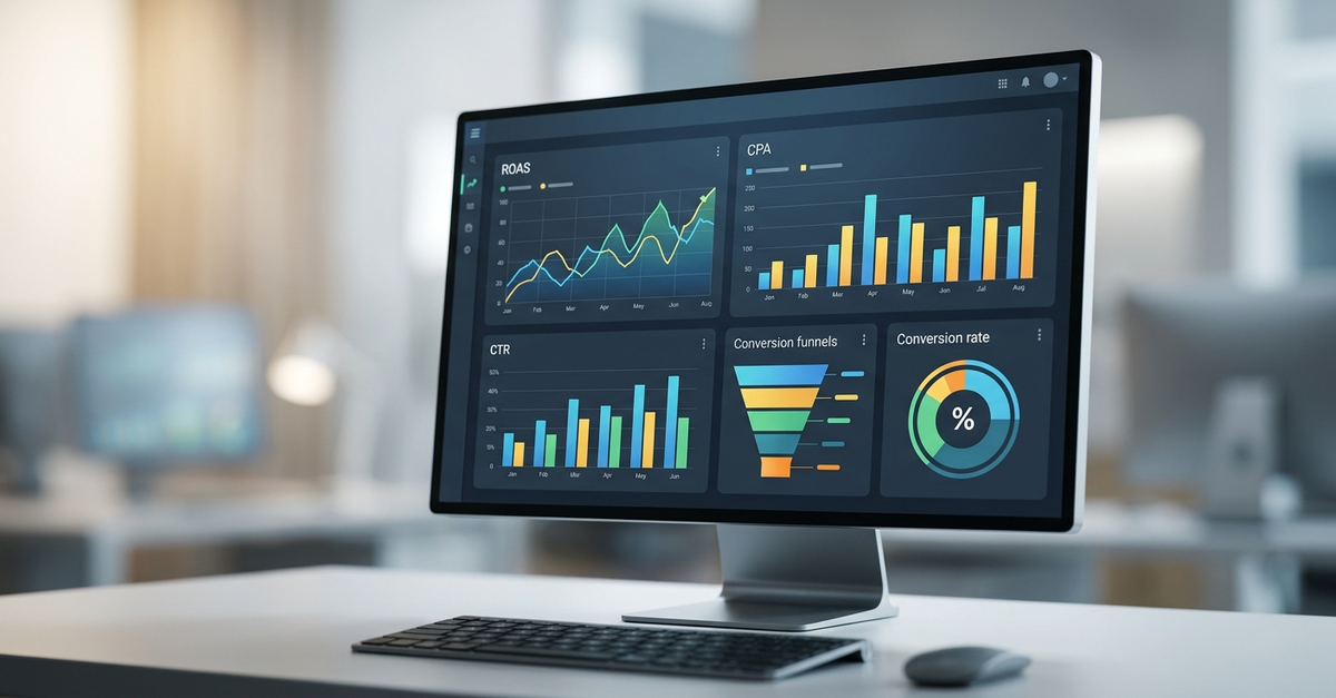 Dashboard de métricas de tráfego pago com ROAS e conversões