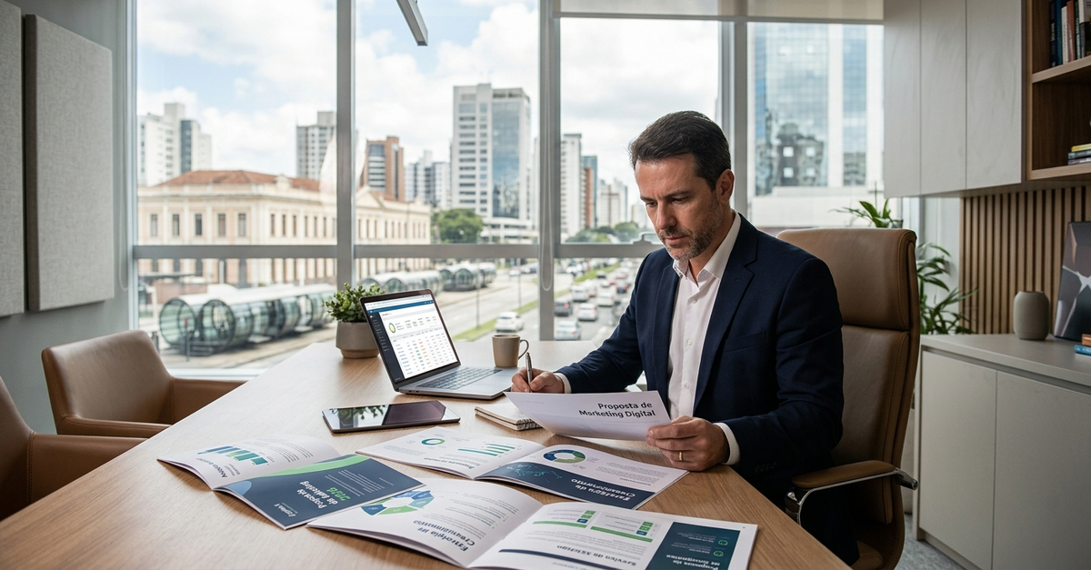 Empresário analisando propostas de agência de marketing em Curitiba