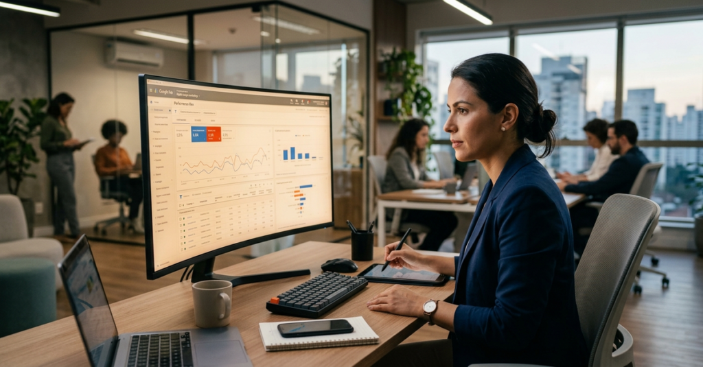 Melhor agência de tráfego pago Google Ads Brasil 2026 — profissional analisando campanhas