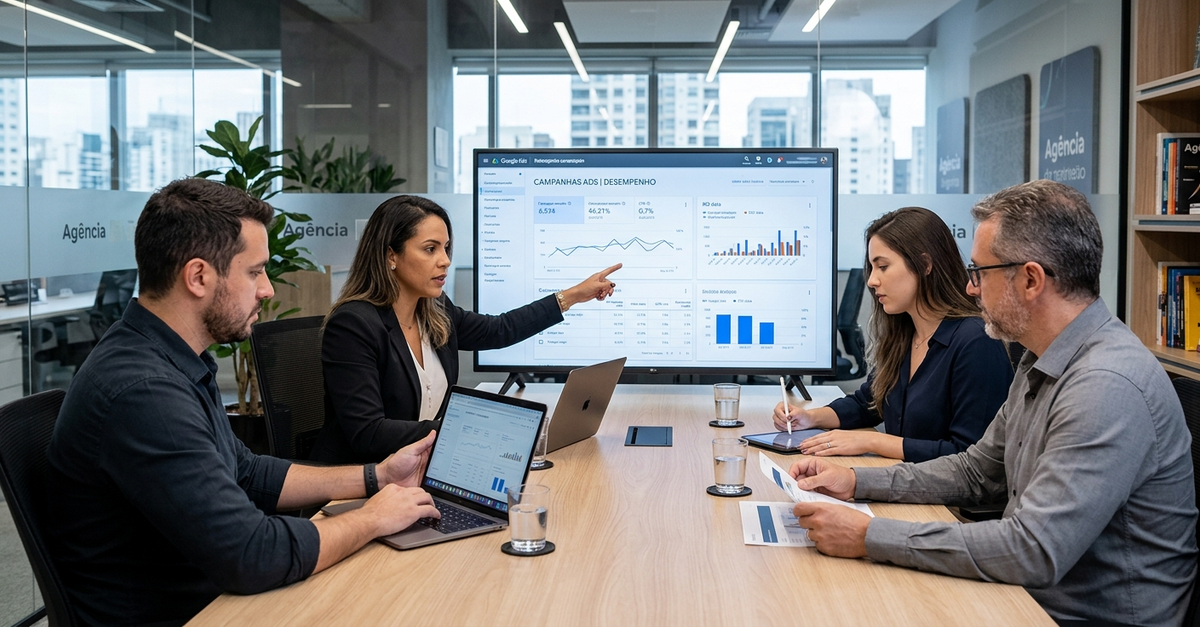 Equipe de agência de marketing digital analisando resultados de Google Ads no Brasil