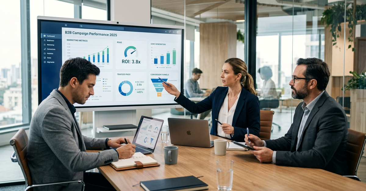 Profissional de serviços B2B em reunião de consultoria analisando estratégia de tráfego pago